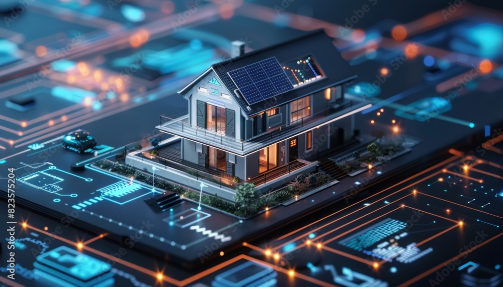 Poster model of a smart home with luminous controls