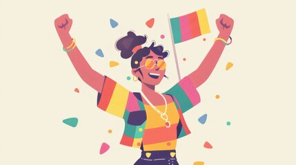 An illustration of a 2D flat style character celebrating queer pride, with a rainbow-themed outfit and a pride flag. The background is minimalistic, focusing on the character's joyful expression.