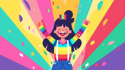 An illustration of a 2D flat style character celebrating queer pride, with a rainbow-themed outfit and a pride flag. The background is minimalistic, focusing on the character's joyful expression.