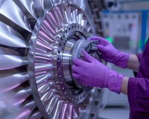 Close-up of engineer with purple gloves working on jet engine turbine. Precision maintenance in aerospace engineering with high-tech equipment.