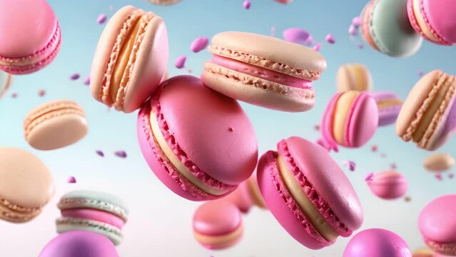 Colorful macarons flying on the air with among the crumbs isolated on blue background