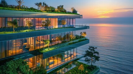 A realistic depiction of a double-story glass building at sunset, reflecting the golden hues of the sky. The building is surrounded by a variety of green plants and trees - Powered by Adobe