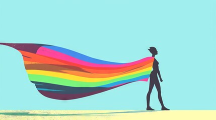 Obraz premium An illustration of a 2D flat style character at a pride festival, wearing a rainbow flag as a cape. The character is depicted with a clean background, highlighting their festive spirit.