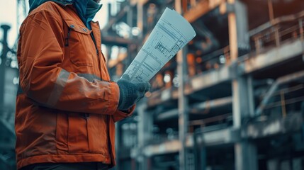 Fototapeta premium Engineer reading blueprint at construction site, wearing safety jacket and gloves, industrial background with machinery and scaffolding.