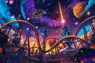 Futuristic Space Theme Park at Night