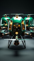 Fototapeta premium Futuristic drones with sleek green design and advanced technology on display in a dark studio setting, showcasing modern innovation.
