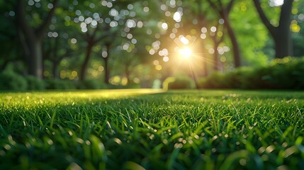Naklejka premium Beautiful blurred background of natural green grass and trees on the lawn under sunlight with bokeh in park. Summer landscape, nature background concept. 