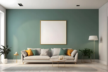 Mockup frame on the wall of living room. Luxurious apartment background with contemporary design. Modern interior design. 3D render
