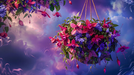 Delicate orchids and fuchsias burst with color in a lush hanging basket under swirling purple and...
