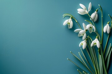 White snowdrop flowers on a blue background