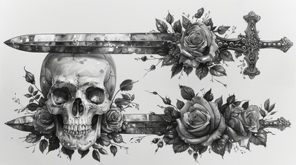 Dead king queen skull with roses vintage trash polka tattoo style kingdom sketch modern illustration of skulls with royal crowns