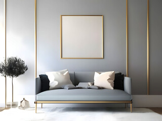 Mockup frame on the wall of living room. Luxurious apartment background with contemporary design. Modern interior design. 3D render