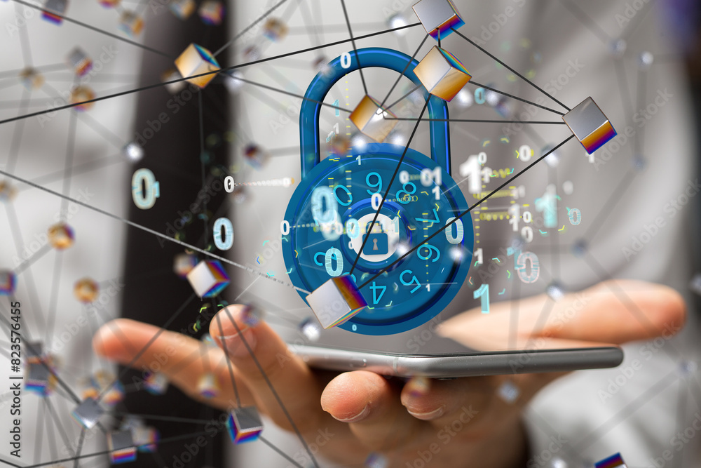 Poster Information technology protected with firewall, secure access and encryption against cyber