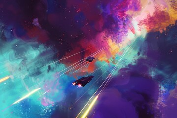 Colorful Space Scene with Spaceships in Flight
