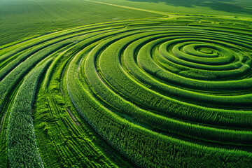 Aerial view of circular crop patterns created by center-pivot irrigation systems. Highlight the repetitive geometric shapes and the contrast between the green crops and the surrounding landscape. 