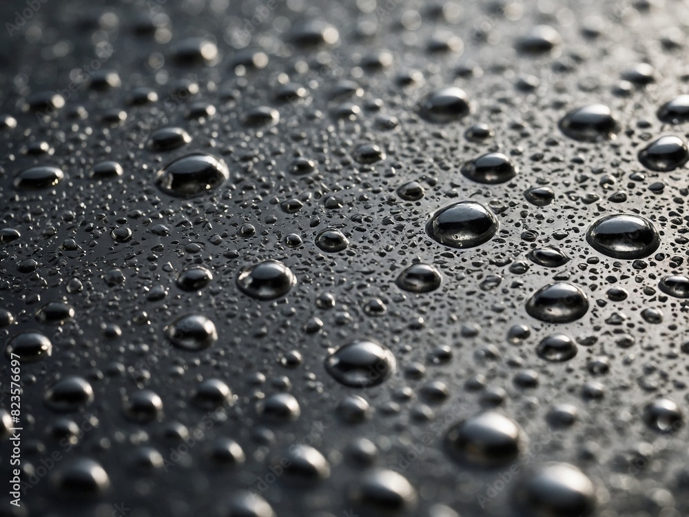 Aufkleber numerous water droplets of varying sizes resting on smooth, dark surface. this creates pattern of gl