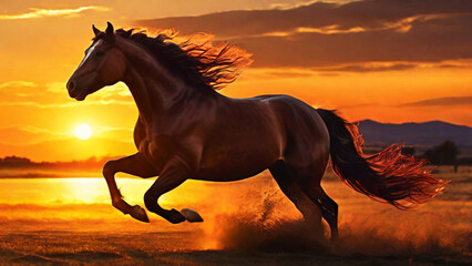 black horse running in the sunset (golden hour)	