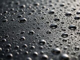 Numerous water droplets of varying sizes resting on smooth, dark surface. This creates pattern of glistening beads that reflect light.