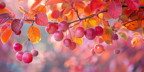 A close shot of colorful woodbine leaves and fruits hanging on tree with a blurry backdrop and a big space for text or product advertisement background, Generative AI.