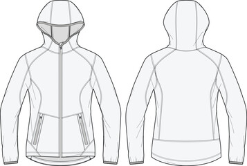 Hooded softshell jacket technical CAD fashion illustration front and back views © 212069668