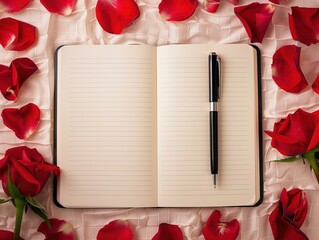 Open blank notebook with red rose and pink hearts background, accompanied by a pen. Perfect for Valentine's Day themes and romantic vibes.