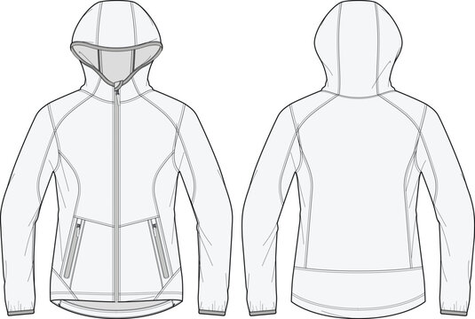 Hooded softshell jacket technical CAD fashion illustration front and back views