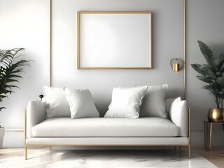 Mockup frame on the wall of living room. Luxurious apartment background with contemporary design. Modern interior design. 3D render