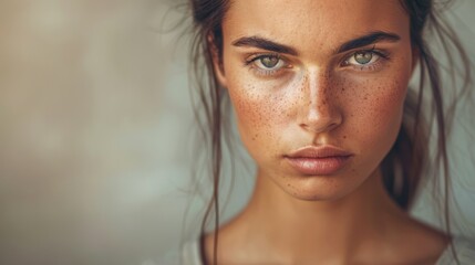 Naklejka premium Angry woman with blue eyes and freckles staring intensely, close-up.