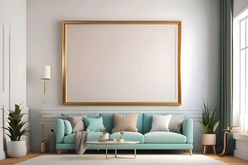Mockup frame on the wall of living room. Luxurious apartment background with contemporary design. Modern interior design. 3D render
