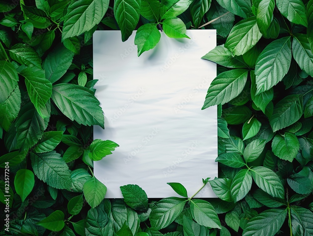 Wall mural Empty paper sheet centered among lush green leaves, symbolizing eco-friendly and sustainable practices. Vibrant emerald green background emphasizing environmental focus.