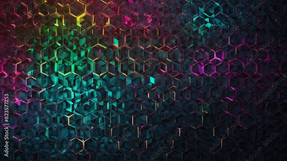Poster vast array of interconnected hexagons forms honeycomb pattern, illuminated by gradient of neon color