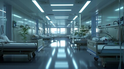 Obraz premium A clean, modern hospital ward equipped with empty beds and state-of-the-art medical equipment, emphasizing healthcare readiness.