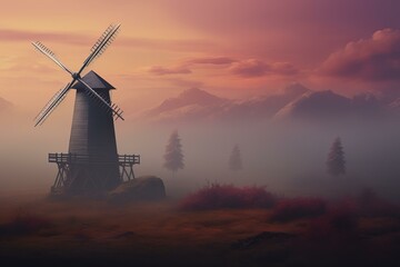 Tranquil rural landscape with vintage windmill at dusk, surrounded by misty mountains and a serene, ethereal twilight sky in shades of purple, pink, and orange