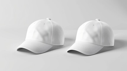 Two white baseball caps with the brims facing forward.