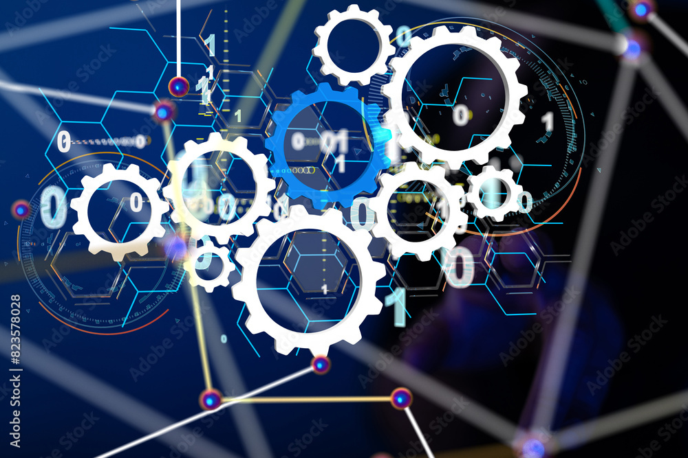 Poster Neural network 3D illustration. Big data and cybersecurity