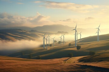 Tranquil landscape of wind turbines amidst rolling hills and morning mist