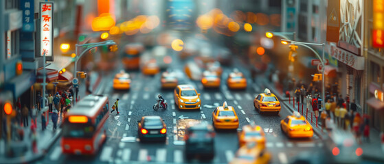 A vibrant cityscape with miniature cars and bustling streets, viewed from a child's perspective