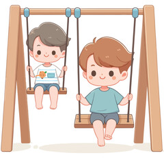 vector kid playing on a swing with a simple and minimalist flat design style