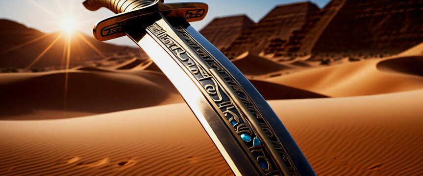 Sword Egyptian Khopesh Curved blade intricate hieroglyphics dese
