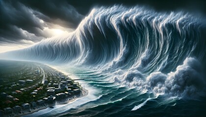 An ominous tsunami wave crashes toward a city under dark, stormy skies, emphasizing the terror and unpredictability of nature's fury.