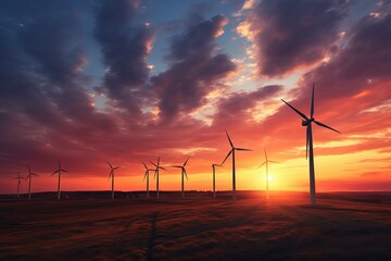 Beautiful and majestic wind turbines generating renewable energy at sunset in a scenic rural landscape. Silhouetted against the vibrant orange and dramatic twilight sky