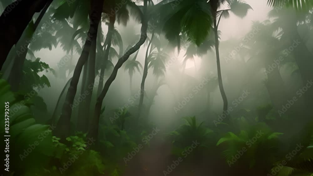 Poster dense fog envelops forest of towering trees generative ai