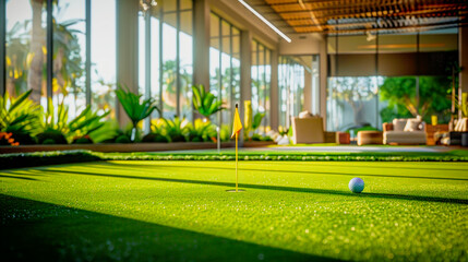 Modern indoor golf putting green bathed in sunlight from large windows, close-up of golf ball near a hole marked by a yellow flag.