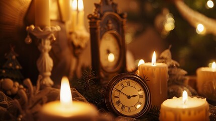 Christmas still life featuring candles of various sizes and shapes burning, romantic composition with clocks, close-up capturing festive warmth