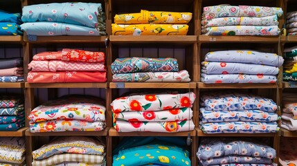 Neatly stacked colorful child's shirts on wooden shelves, close-up view with vibrant display, perfect for highlighting retail organization in ads