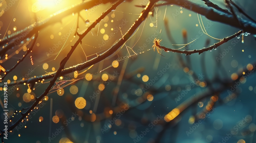 Aufkleber spider web on tree branches with dew drops, sunbeam shining through - macro shot