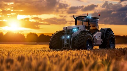 Obraz premium High-tech hydrogen fuel cell tractor operating in a field at sunset, close-up capturing the innovative design and beautiful sunset colors