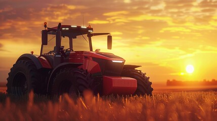 High-tech hydrogen fuel cell tractor operating in a field at sunset, close-up capturing the innovative design and beautiful sunset colors