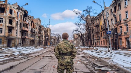 A soldier in camouflage gear stands in a desolate urban street with damaged buildings and debris, conveying the aftermath of conflict.
