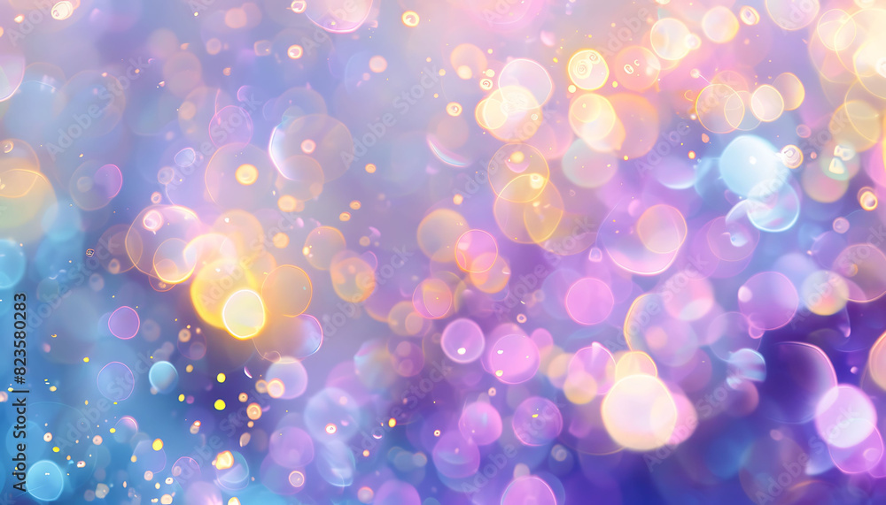 Poster Abstract background with a dreamy bokeh effect in pastel colors, featuring soft light spots in shades of purple, blue, gold, yellow, white, silver, and pink, creating a whimsical and calming visual